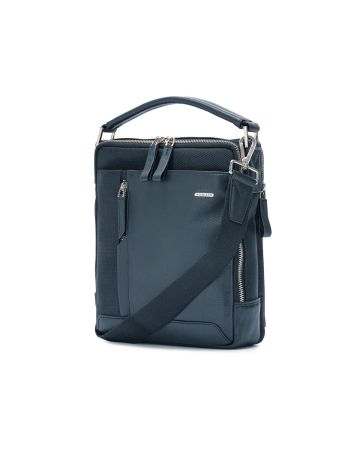 SQUADRA - Leather and Nylon Large Crossover with Handle - Navy Blue